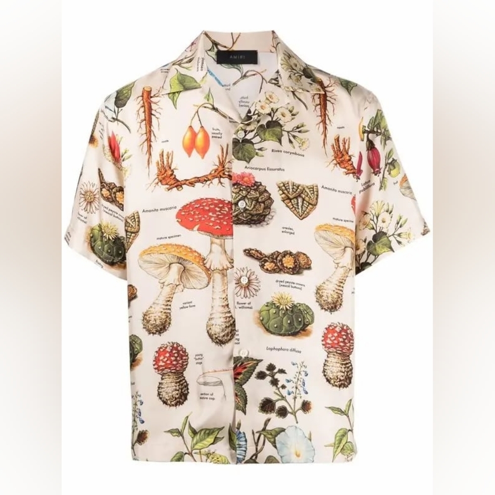 RARE Amiri Mushroom short sleeve psychedelic Button Polo Shirt 100% Silk